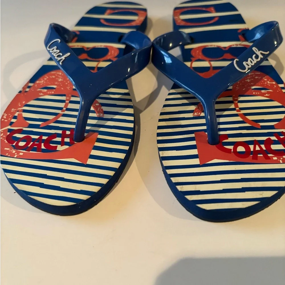 Coach KALI Sz 7 Striped Blue and Red Flip Flops - Picture 4 of 9